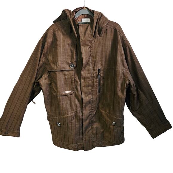 Burton Men's Size L Snowboarding Ski Jacket Brown Vertical Stripe Hooded Snow